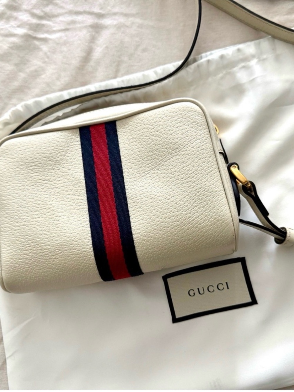 Gucci Cream Pebbled Leather Crossbody with Red and Navy Web - Picture 12 of 13